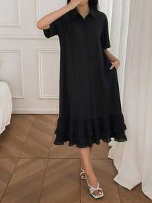 DAZY Women's Elegant Ruffled Collar Loose Mid-Length Dress Summer Sun Dresses For Women - Black - View 7