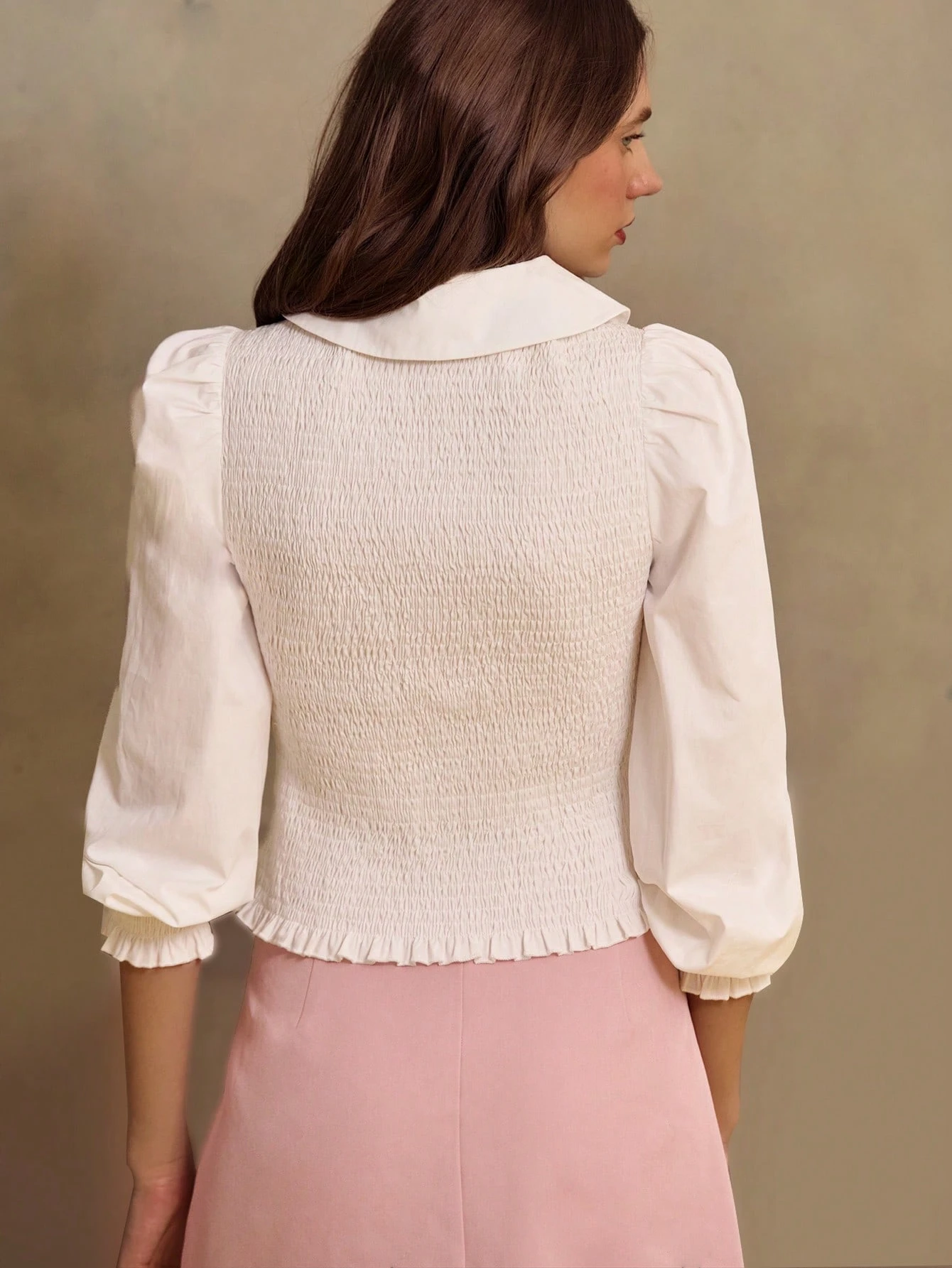 White Woven Long Sleeve Shirt With Round Collar And Shirred Bodice Officewear Commuter Chic French Style Parisian Style
