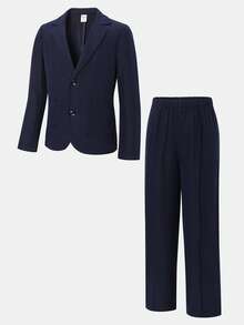 SHEIN 男童绅士风休闲修身立领西装套装，包含外套、裤子和领带，适合秋季、春季、夏季、户外玩耍、上学、街头风、派对、婚礼和休闲场合。 - 寶藍色 - 查看 3