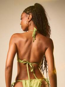 MISSGUIDED Women Summer Halter Neck Bikini Set With Cross Back Straps Triangle Top And Tie Side Bottoms Swimwear Beach Vacation Two Piece - Green - View 6