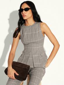 KSTM Glen Plaid Peplum Tank Top Sleeveless Blouse Office Business Casual Professional Flare Hem Boat Neck Check Pattern Tank Top - Multicolor - View 6