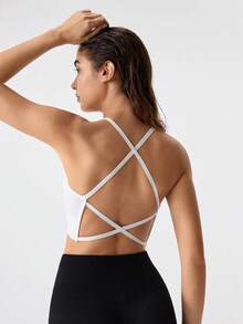 Loungeista 1-Piece Women's Seamless Knit Ribbed Sexy Bra, Wireless Cross Strap Backless Sports Brafor Summerfor Summer - White - View 4