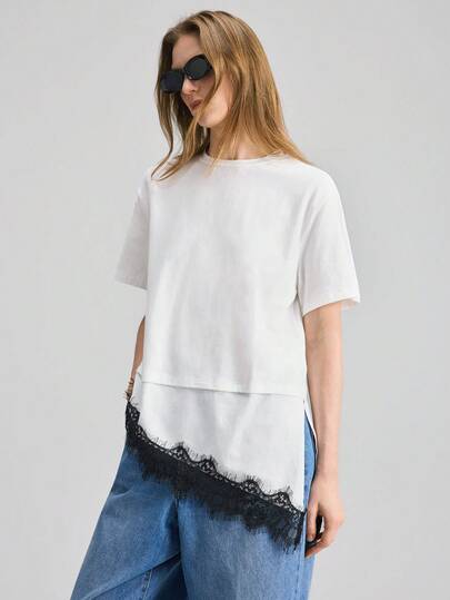 Ontre 女士圆领蕾丝拼接休闲百搭日常短袖T恤
