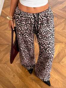 SHEIN EZwear Women's Leopard Print Drawstring Waist Loose Sweatpants - Multicolor - View 3