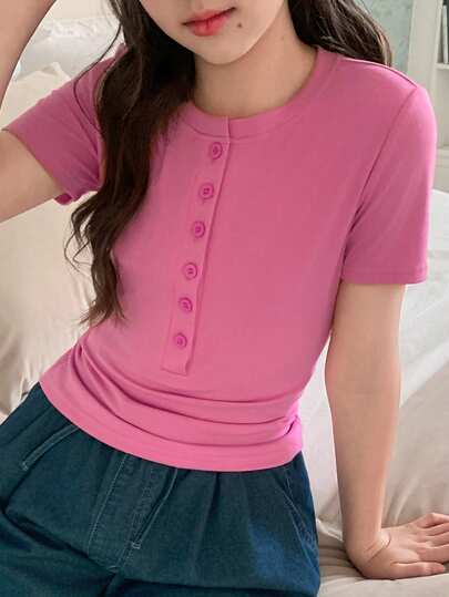 DAZY Camiseta de manga corta de punto para niñas, ropa de otoño