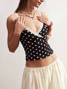 Bohemela 波西米亚风春夏休闲黑色波点针织修身短款吊带背心，撞色蕾丝设计，适合情人节、女士度假、音乐节、假日、海滩度假、返校季、夏季上衣、嘉年华服装、春夏女装 - 黑色 - 查看 5