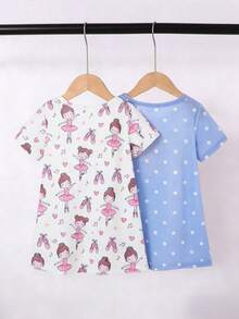 2 Stücke/Set Baby Mädchen Cartoon Ballett Muster Kurzarm Lang Pyjama Kleid Loungewear, Frühling und Sommer Rosa süßer Mädchenstil, niedlich und bequem 2026 neue Urlaubsatmosphäre, entspannt und komfortabel Mädchen Outfit Set Mädchen Baby Mädchen Bekleidung - Verschiedenfarbig - Übersicht 2