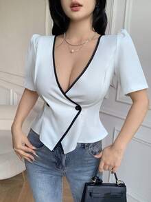Celisse Blusa de moda con cuello en V profundo, doble botonadura y mangas abullonadas con volantes para mujer - Blanco - Ver 4