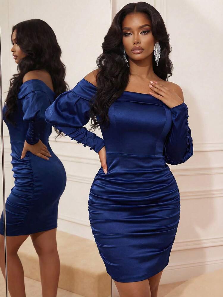 Women's Elegant Party Solid Color Off-Shoulder Fitted Mid-Length Dress