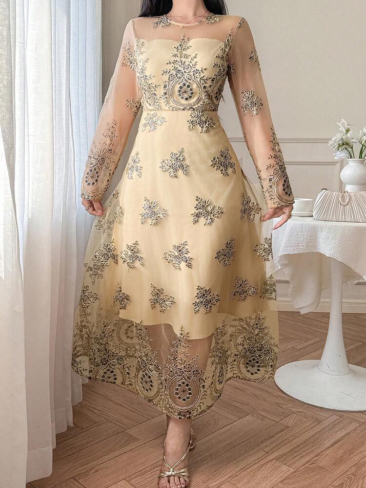 Women's Beaded Mesh A-Line Dress Sun Dresses For Women