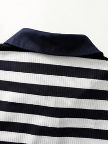 Qadelle 女士休闲条纹短袖修身T恤，夏季 - 藍白色 - 查看 4