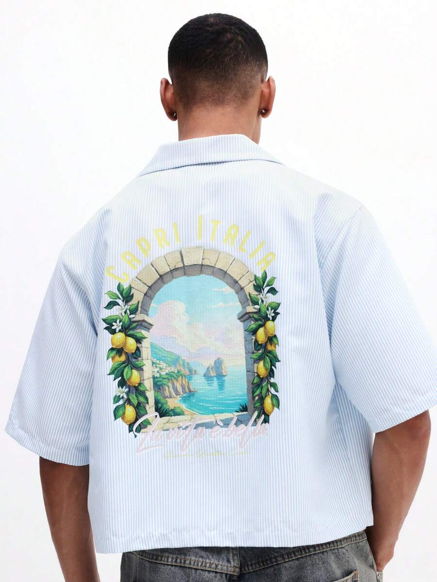 SUMWON Men's Crop Fit Striped Button Down Shirt With Capri Italia Back Print Short Sleeve Summer Mediterranean Coastal Vacation Style - Baby Blue - View 1