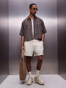 PLAYBOY X SUMWON Relaxed Fit Linen Feel Shorts With Drawstring Waist And Side Pockets Lightweight Breathable Comfortable Mid Thigh Length Beige Natural Texture Beach - Khaki - View 3