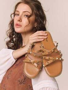 Styleloop Flat Bottom One-Word Slippers Summer New Fashion Versatile Flat Bottom Willow Nail Women's Shoes Beach Vacation Leisure Series Women's Models, Bohemian Style, Travel Must-Have, Summer Wear, Vacation Atmosphere - Brown - View 3