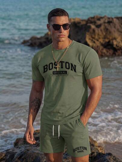 Manfinity EZcore Men's Plus Size Fashionable Casual Printed Short Sleeve T-Shirt And Shorts Set , Vacation , Fashion , Plain , Letter , Boston