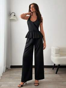 EURMUSE Women's Black Satin Two Pieces Set – Halter Peplum Top & Wide-Leg Pants - Black - View 1