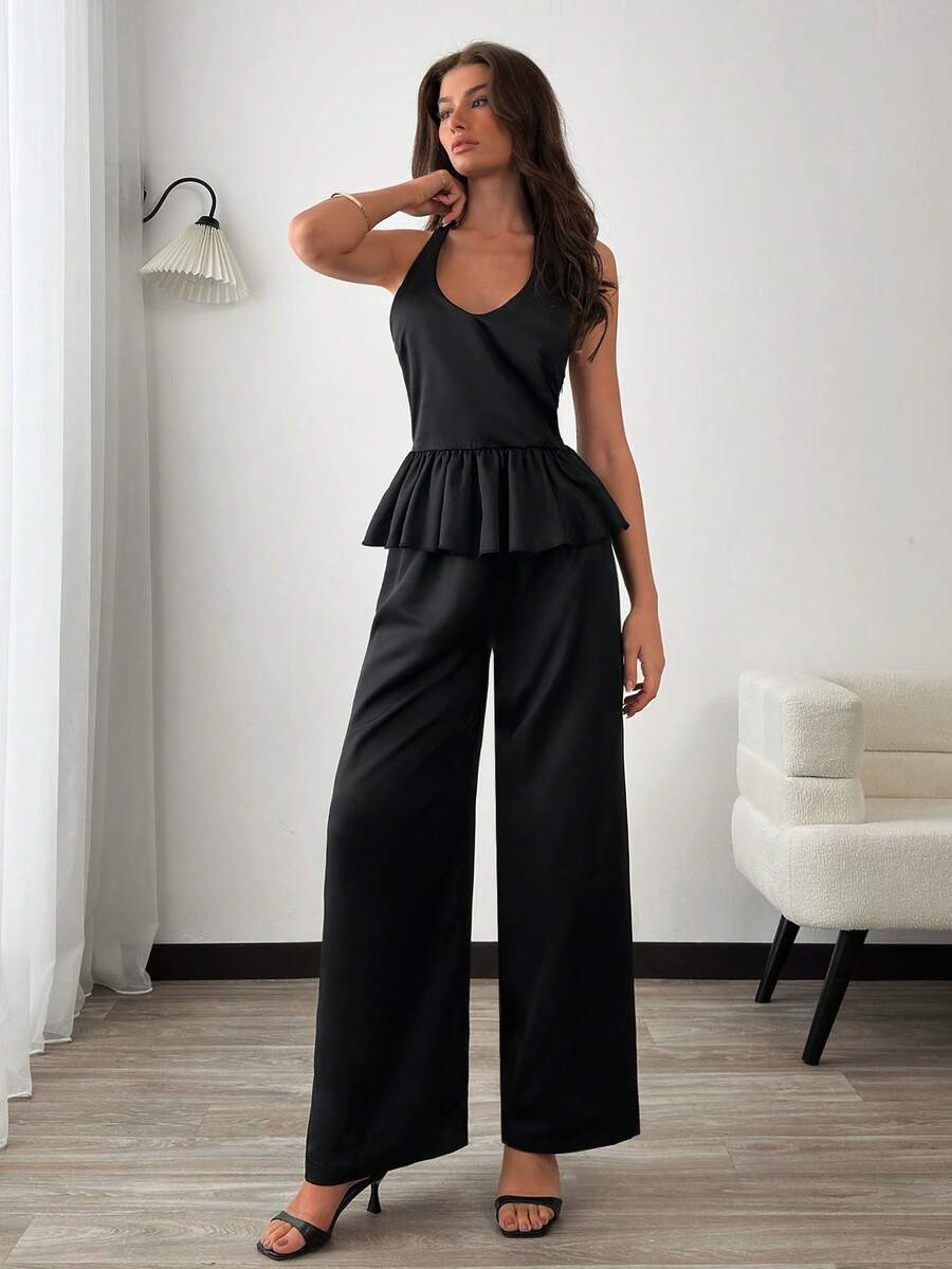 EURMUSE Women's Black Satin Two Pieces Set – Halter Peplum Top & Wide-Leg Pants - Black - View 1