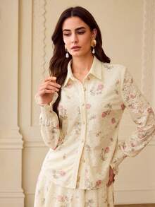 ZEYLAH Women's Elegant Floral Lace Single-Breasted Blouse - Apricot - View 5