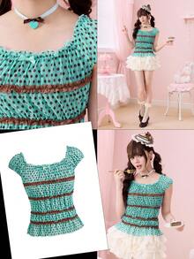 ROMWE Blusa con mangas abullonadas y ribete de encaje estilo Kawaii y lindo para mujeres - Multicolor - Ver 1