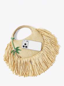 Viva Strut 1 chiếc túi xách nữ, túi cói, túi đan bằng rơm, có tua rua, mặt dây chuyền hình cây dừa đính đá và hạt cườm màu xanh lá cây, thời trang, thanh lịch, đơn giản, cá tính, đa năng, thích hợp cho bãi biển, kỳ nghỉ, mùa hè, ven biển, tiệc bãi biển, lễ hội âm nhạc. - Màu Khaki - Xem 5