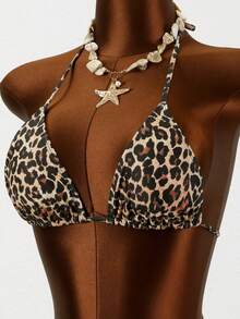 Zestiva 3pcs/Set Women's Spaghetti Strap Floral Mesh Beach Dress & Bikini Set Leopard Print Bathing Suit Women Leopard Swimsuit Leopard Bikini Cheetah Print Bikini Leopard Set - Multicolor - View 5