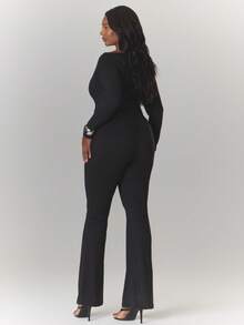 MUSERA Plus Size Off Shoulder Fitted Flared Long Sleeve Jumpsuit Sexy Elegant Date Night Spring Summer Vacation Evening Holiday - Black - View 3