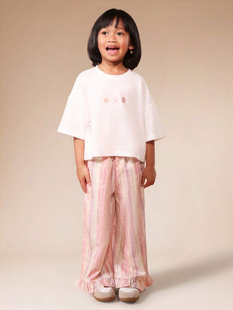 Young Girls Striped T-Shirt And Wide Leg Pants Co-Ord Set With Shell Print Design Oversized Fit