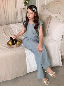 DAZY Conjunto de blusa de cuello redondo y pantalones de pierna ancha para niñas preadolescentes - Azul - Ver 6