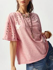 Bohemela 波西米亚风春夏休闲粉色针织圆领短袖宽松水洗女式T恤，刺绣贴花和亮片设计，情人节、返校季、嘉年华服装 - 粉色 - 查看 4
