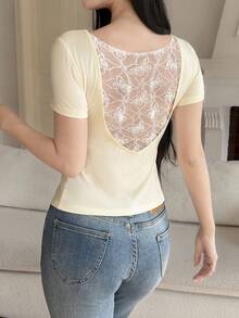 Feyla 女士撞色蕾丝短袖修身时尚T恤 - 杏色 - 查看 3