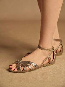 Rosivie 夏季新款女士棕色绒面编织绑带凉鞋，绑带包覆式露趾高跟罗马鞋，时尚通勤宴会鞋 - 槍色 - 查看 2