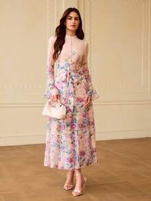 ZEYLAH Women's Elegant INS Printed Button-Down Long Flare Sleeve Dress, Flowing Pleated Skirt - Multicolor - View 7