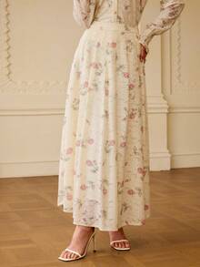 ZEYLAH 女士花卉印花优雅蕾丝裙 - 杏色 - 查看 4