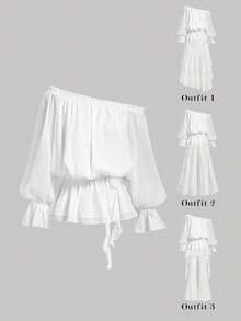 SHEIN MOD Áo kiểu nữ màu trắng thanh lịch trễ vai tay bồng xếp ly, áo blouse trắng tay dài kiểu đèn lồng, thích hợp cho kỳ nghỉ, phong cách boho, xuân/hè, ngày Valentine, dự tiệc, đám cưới, trang phục nghỉ dưỡng. - trắng - Xem 2