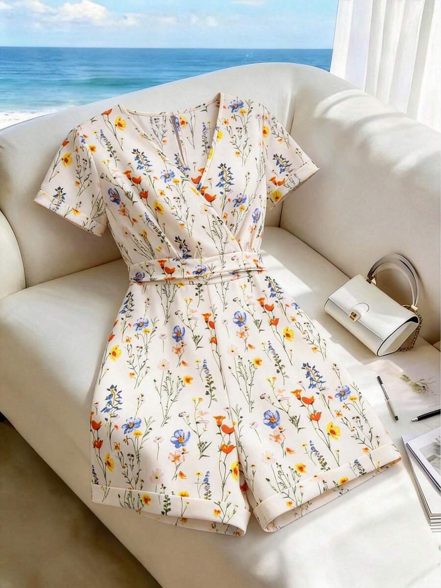 GlowEve Women's Elegant Casual Floral V-Neck Cinched Waist Wide Leg Jumpsuit, Spring/Summer - Multicolor - View 1