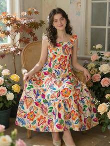 SHEIN 少女碎花印花优雅方领荷叶袖收腰长裙，春夏假日风 - 彩色 - 查看 1