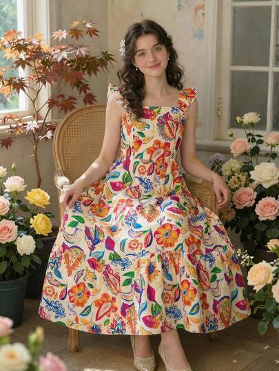 SHEIN Teenage Girls' Floral Print Elegant Square Neck Flutter Sleeve Waist Cinched Maxi Dress, Spring/Summer Holiday Style