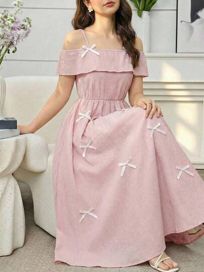 Teen Girl Summer Casual Bowknot Decor Textured Off-Shoulder Dress