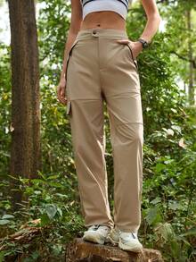 SHEIN In My Nature 女士休闲纯色工装裤 实用工装裤 女士工装裤 徒步裤 带口袋女士工装裤 - 駝色 - 查看 5
