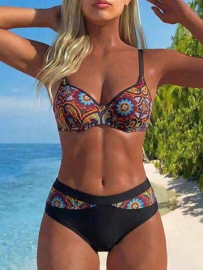 Swim Vcay Conjunto de bikini de 2 piezas de nueva llegada y muy vendido para mujer, en colores vibrantes negro, rojo, azul, naranja y amarillo con estampado de mandala y paisley, parte superior con aros y tirantes ajustables, copa moldeada 3D, Bottom de cintura alta en contraste negro, diseño inspirado en el estilo retro bohemio y Y2K, traje de baño para verano, playa, fiesta en la piscina, tomar el sol, festival de música y con un toque moderno y de vacaciones