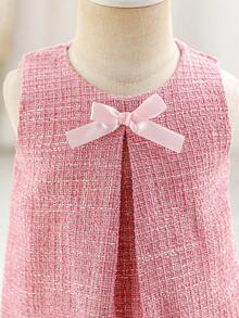 SHEIN Glamorique Kids 女婴蝴蝶结装饰网纱拼接派对连衣裙 - 粉色 - 查看 4