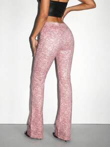 Jeanoix Quần jeans ống loe dáng casual họa tiết da báo thắt eo dành cho nữ - Hồng - Xem 3