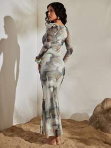 Opulessa Đầm dài tay ôm dáng, chất liệu lưới dệt kim in họa tiết, cổ áo có thể biến đổi, dành cho nữ, thích hợp cho mùa xuân/hè. - Màu Xám nhạt - Xem 5