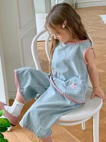 Dazy Kids Pakaian Kasual Musim Panas untuk Anak Perempuan: Atasan Kerah Bulat dengan Blok Warna dan Celana Jeans Lebar - Light Wash - View 5