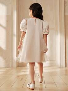 SHEIN 女童纯色圆领泡泡袖A字网纱连衣裙，适合日常外出、居家休闲、参加派对和晚宴；刺绣爱心亮片泡泡袖纯色浅杏色公主裙；香槟色童装；象牙色童装；象牙色女童连衣裙；奶油色女童连衣裙；女童泡泡袖连衣裙；象牙色女童连衣裙 - 杏色 - 查看 2