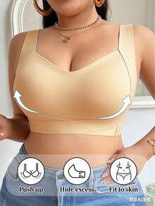 NudeFit 大码女士无缝聚拢提拉文胸，果冻肩带柔软支撑无钢圈文胸，模压罩杯，舒适日常简约文胸 - 杏色 - 查看 6