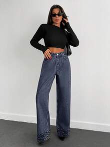 EURMUSE HIGH RISE SLANT POCKET WIDELEG JEAN WITH LEOPARD - Light Grey - View 4
