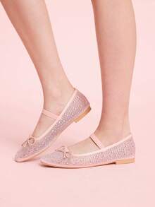 CUCCOO DOLLMOD 女士鞋履 春夏时尚粉色全钻网纱小蝴蝶结松紧带女士平底鞋 优雅舒适透气可爱甜美玛丽珍平底鞋 - 粉色1 - 查看 8