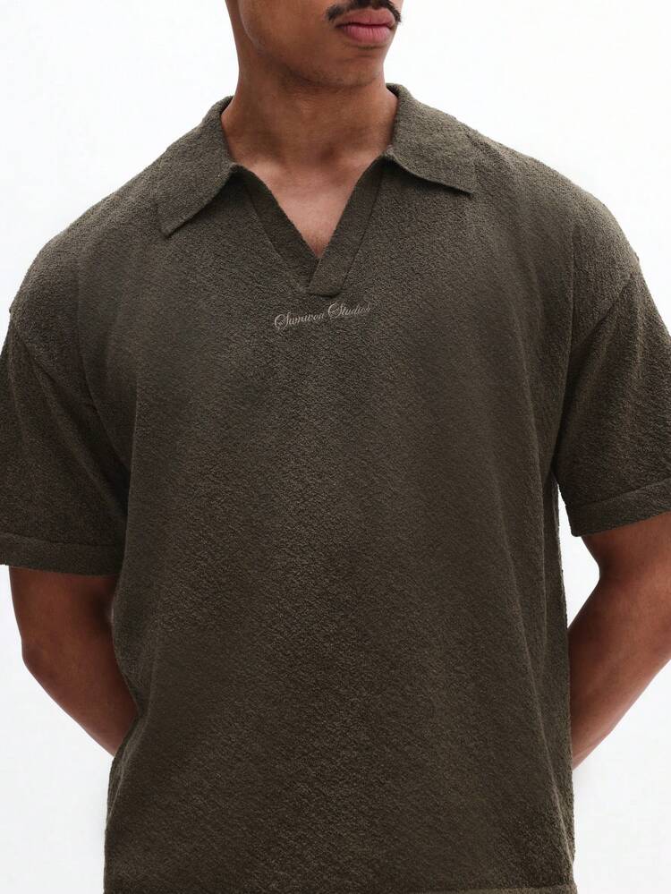 Men's Olive Green Knit Polo Shirt With Point Collar Short Sleeve Regular Fit Casual Summer Top With Small Chest Logo