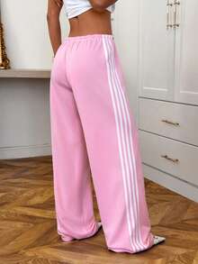 SHEIN EZwear 女士白色粉色针织低腰侧条纹长款运动裤 - 粉色 - 查看 2